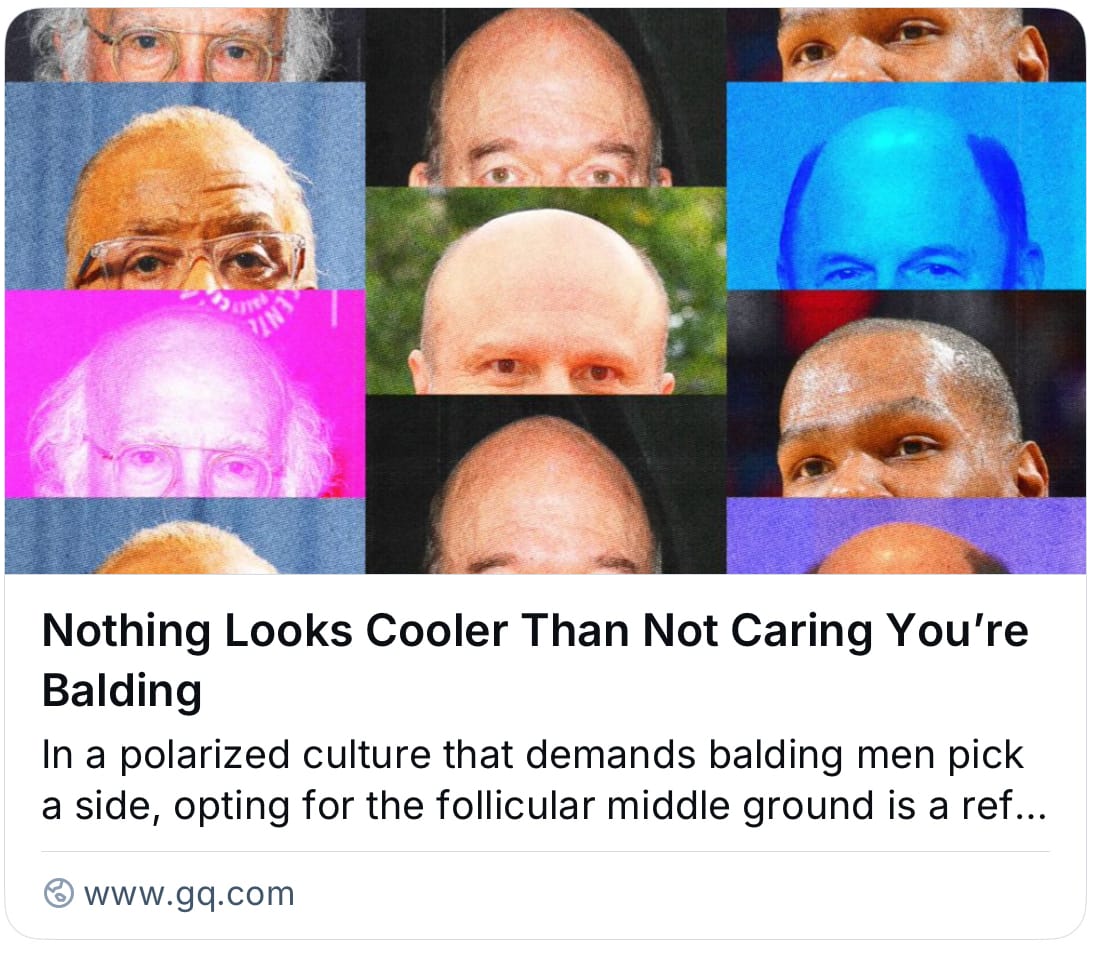 Key image featuring lots of bald guys and the headline: Nothing Looks Cooler Than Not Caring You're Balding.