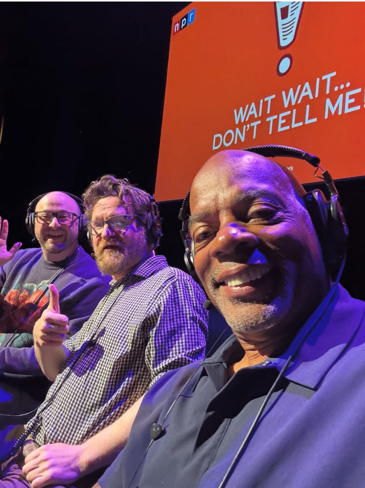 Alonzo Bodden, Adam Burke, and me onstage for a Wait Wait recording.