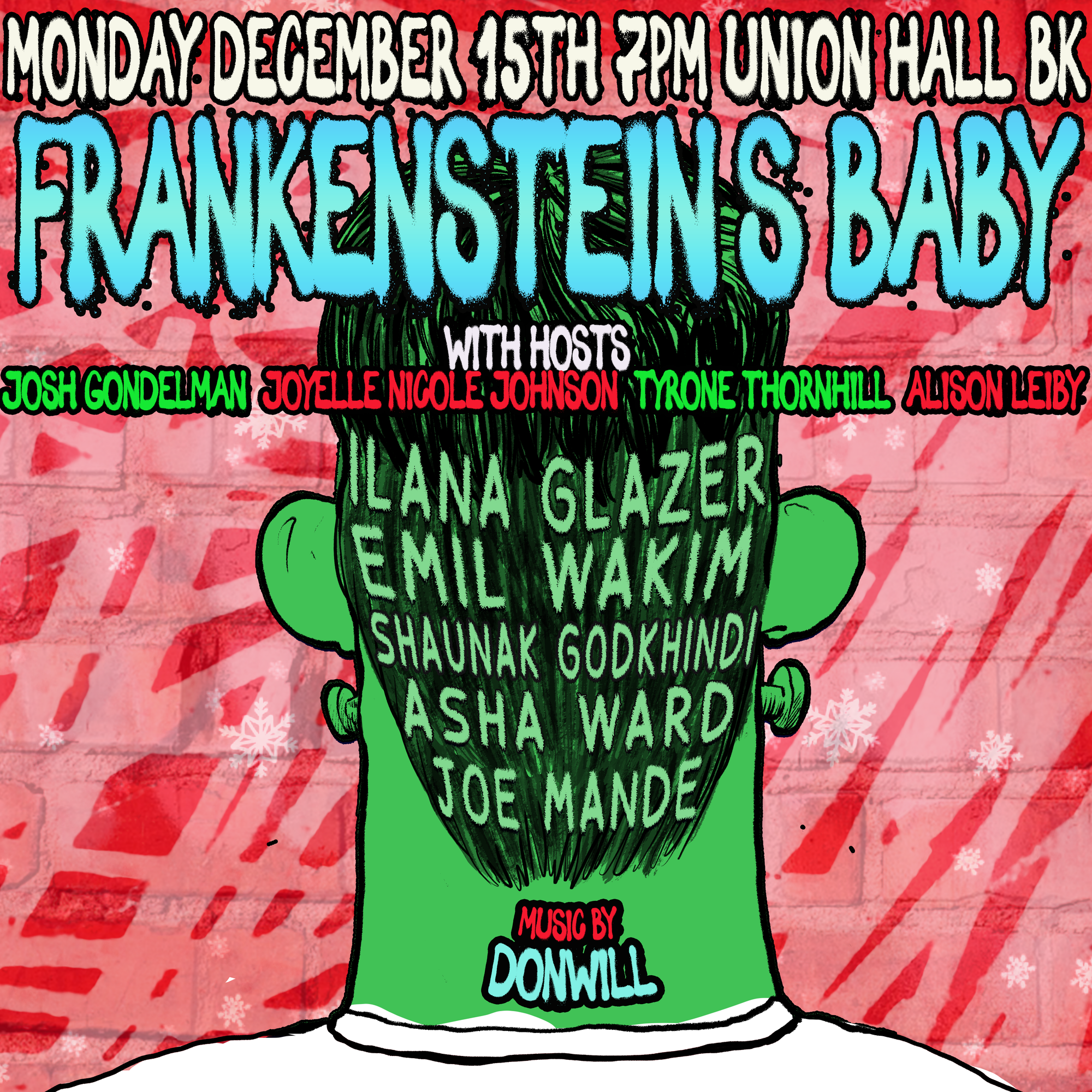 Flyer for Frankenstein's Baby featuring Ilana Glazer, Emil Wakim, Shaunak Godkhindi, Asha Ward, and Joe Mande