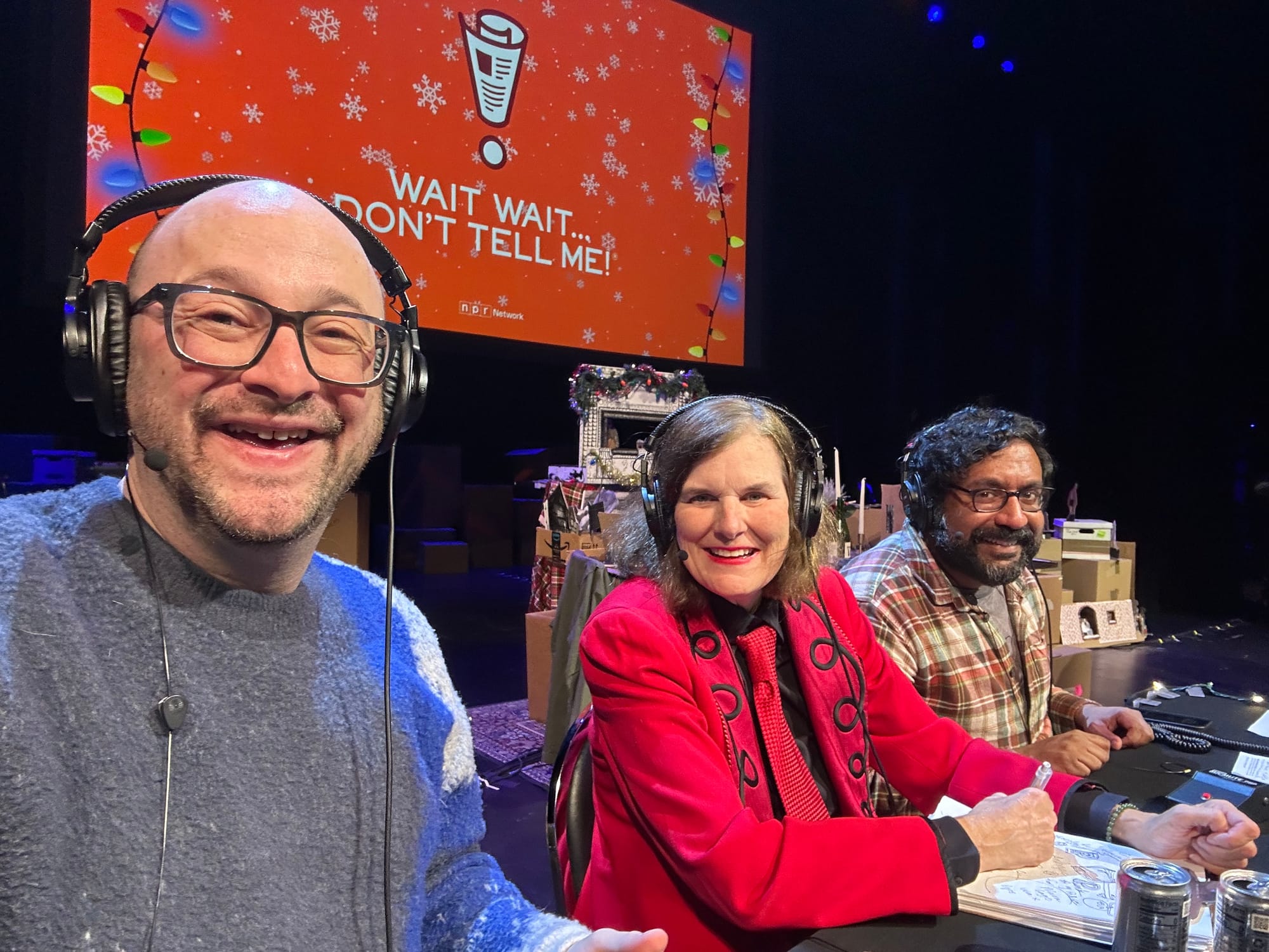 Me, Paula Poundstone, and Hari Kondabolu onstage for Wait Wait.