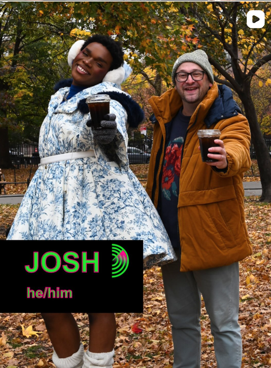 Me and Anania holding iced coffees out to the camera in McCarren Park in Brooklyn.