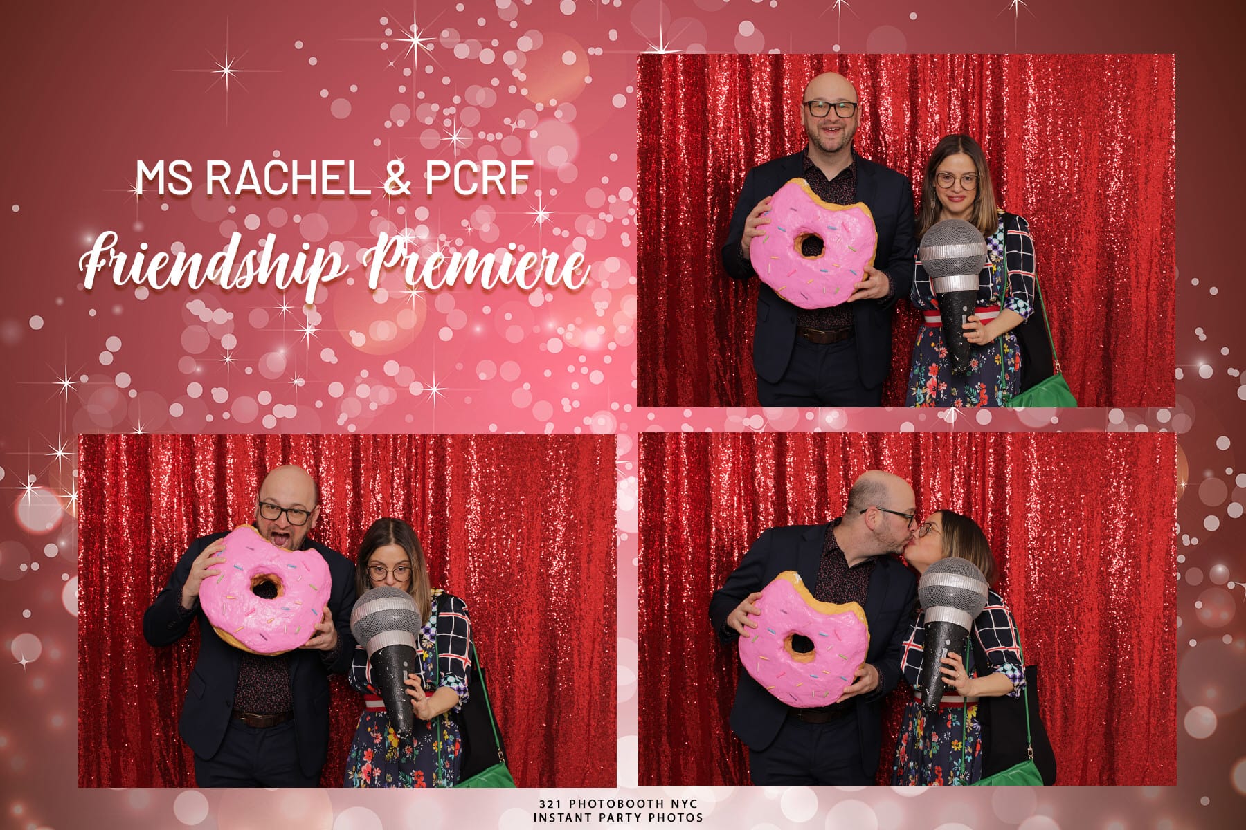 Three pictures of me and Maris from the photo booth at the Ms. Rachel event. I am holding a big prop donut and Maris is holding a big prop microphone. We're in front of a sparkly red curtain. I'm wearing a suit that doesn't really read on camera it turns out.
