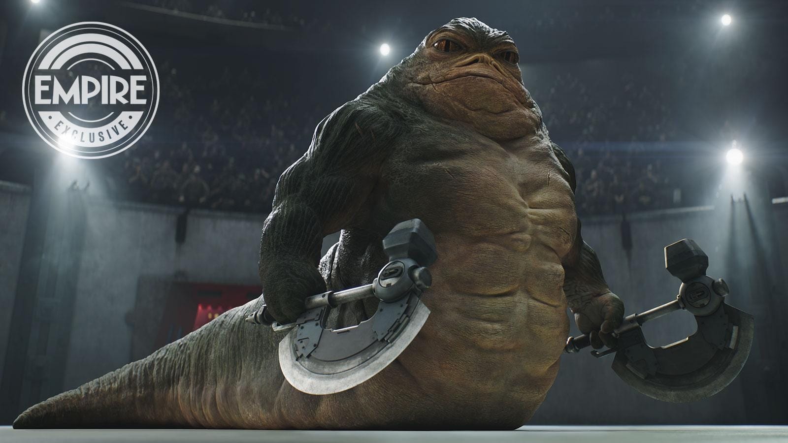 Rutto the Hutt, a big jacked slug looking fella with abs holding...axe hammers or some shit?