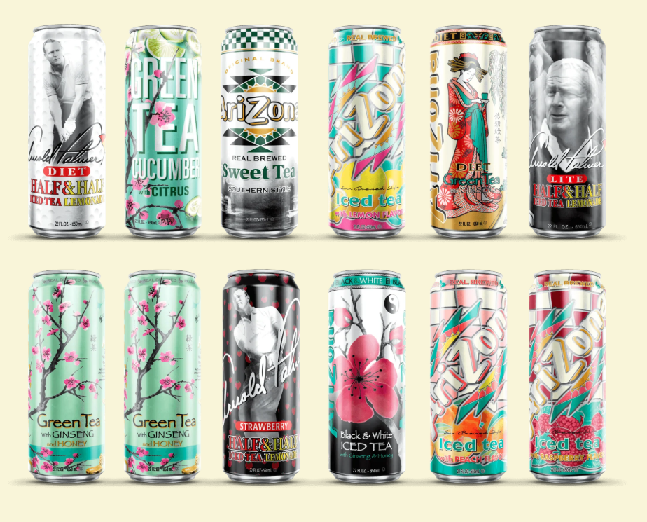 A dozen cans of Arizona iced tea, various flavors.