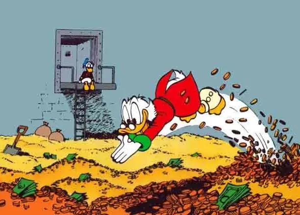 Scrooge McDuck diving into a pile of gold coins inside a vault as Donald Duck watches like a financial Donald Cuck.