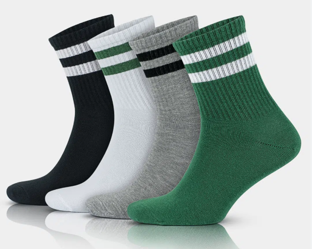 Several athletic socks that are different colors without being vibrant.