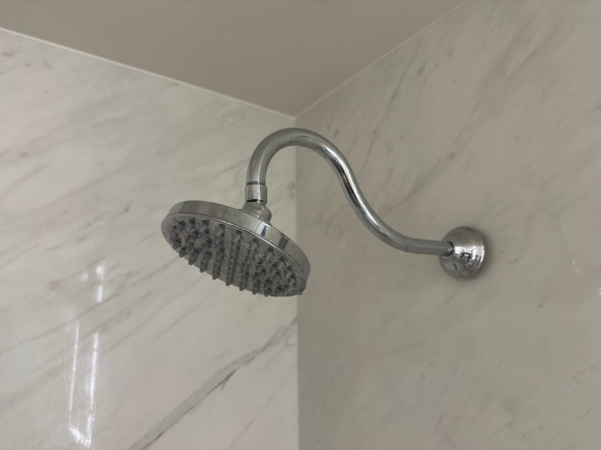 Disc-shaped shower head with lots of little spouts on a curvy pipe leading to a white marble looking wall.